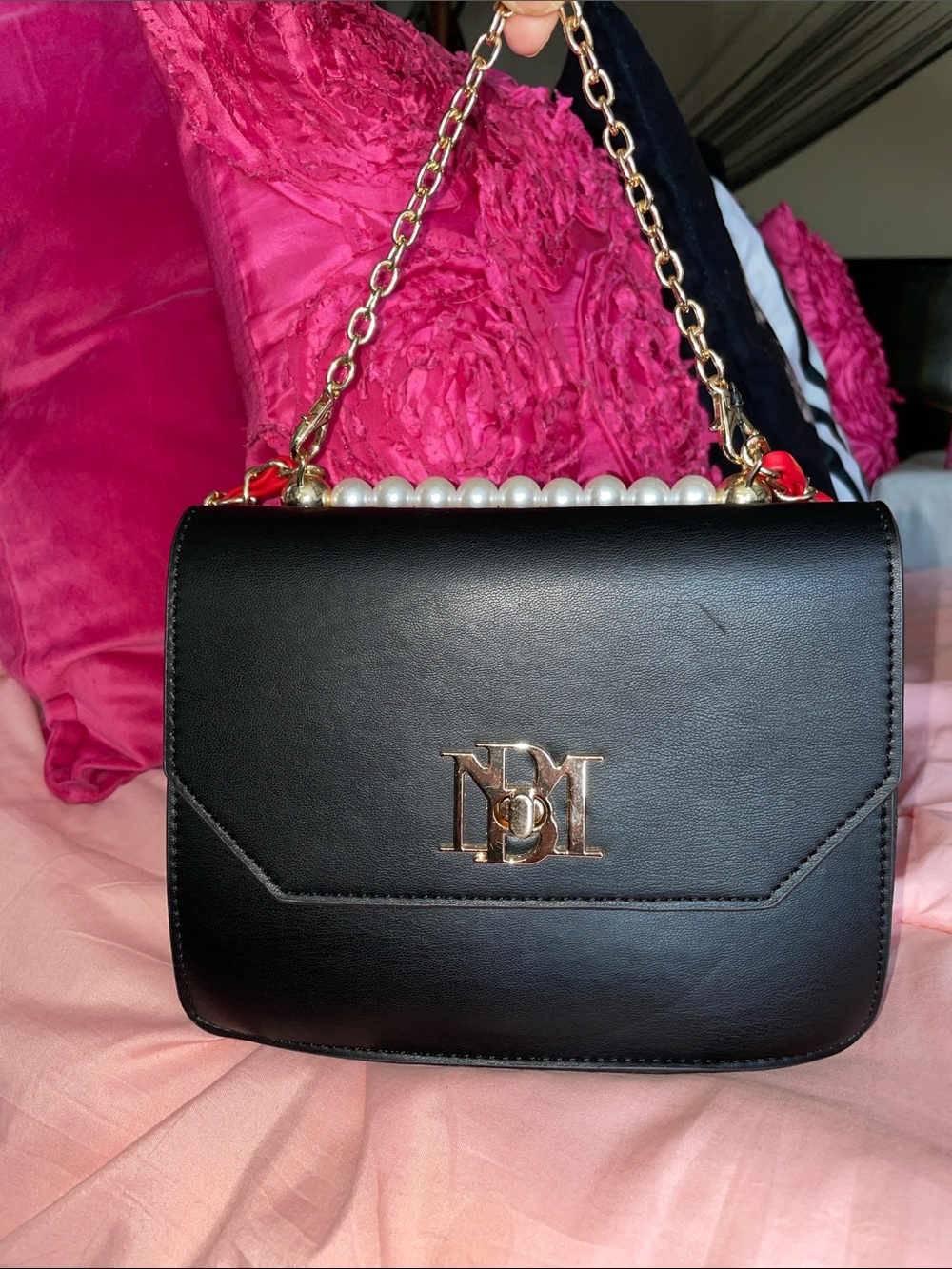 Badgley Mischka Black Pearl-Trim Chain Crossbody Bag